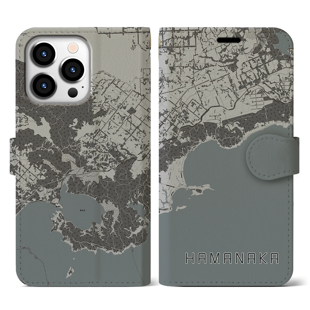 【浜中】地図柄iPhoneケース（手帳両面タイプ・モノトーン）iPhone 13 Pro 用