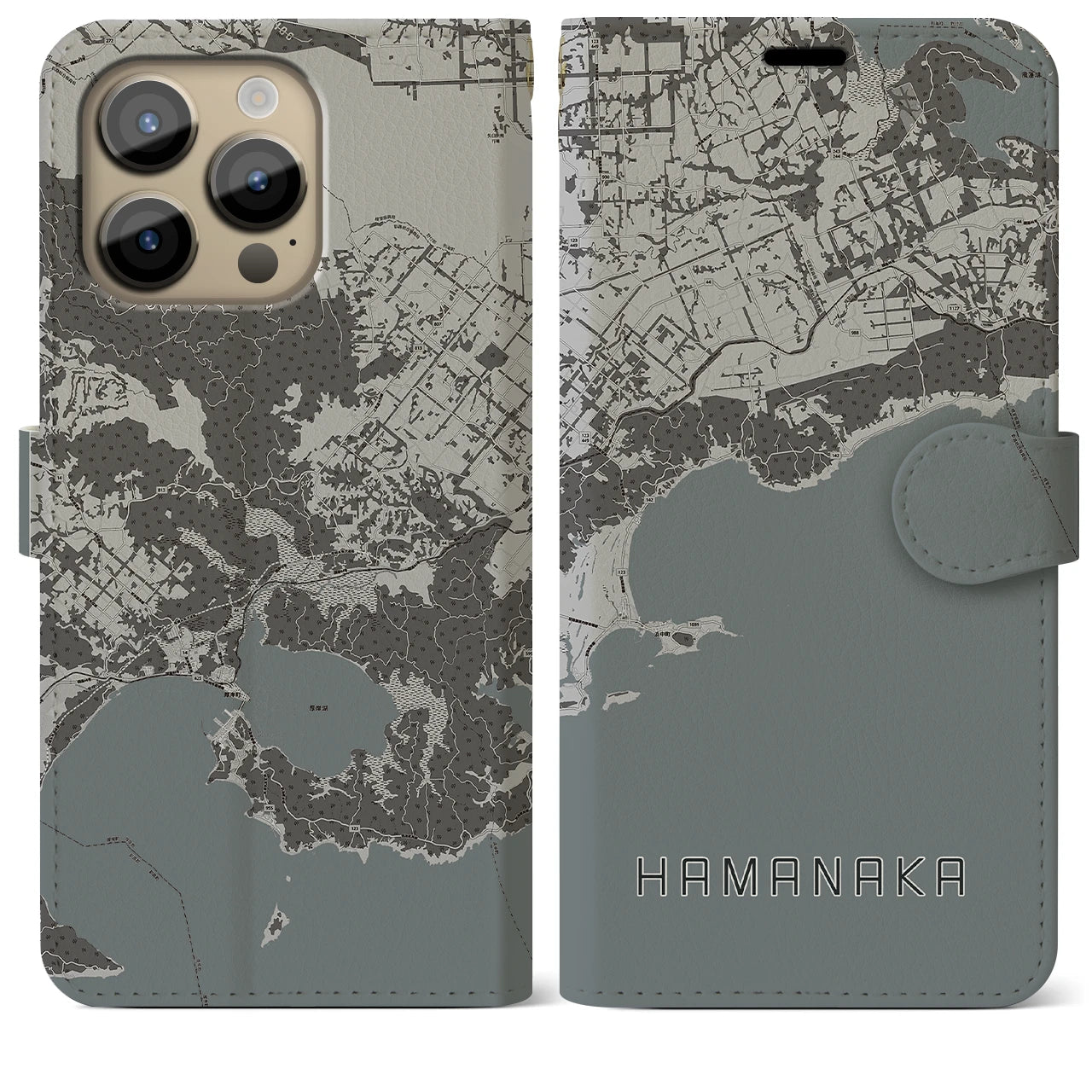 【浜中】地図柄iPhoneケース（手帳両面タイプ・モノトーン）iPhone 14 Pro Max 用