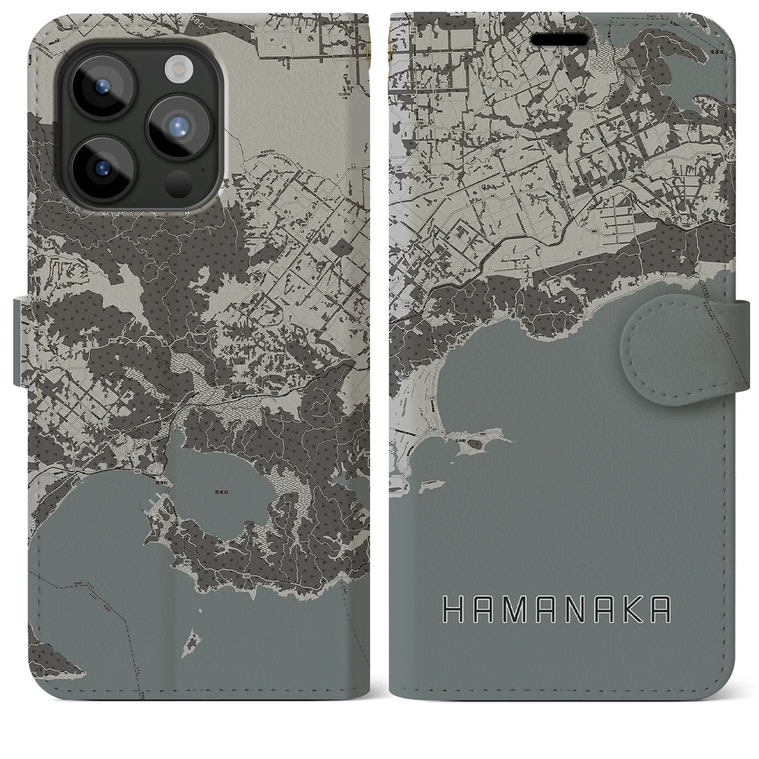 【浜中】地図柄iPhoneケース（手帳両面タイプ・モノトーン）iPhone 15 Pro Max 用