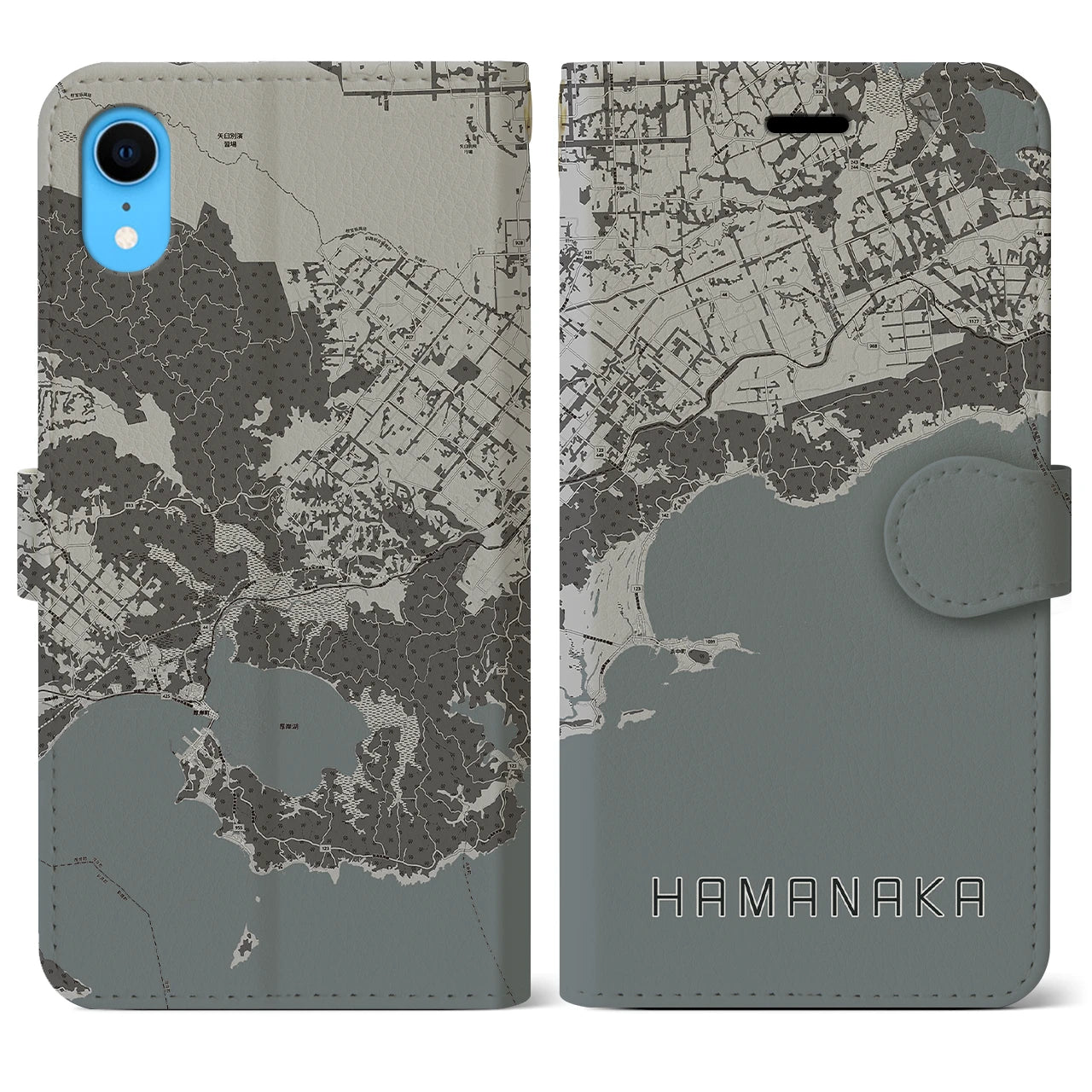 【浜中】地図柄iPhoneケース（手帳両面タイプ・モノトーン）iPhone XR 用