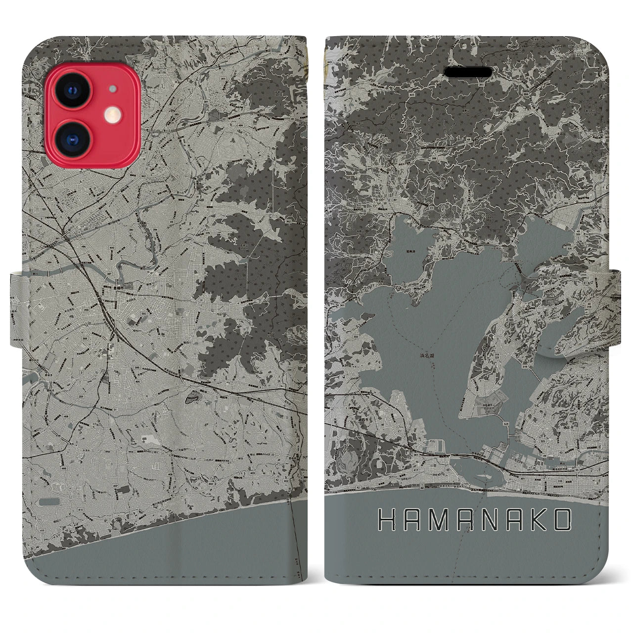 【浜名湖】地図柄iPhoneケース（手帳両面タイプ・モノトーン）iPhone 11 用