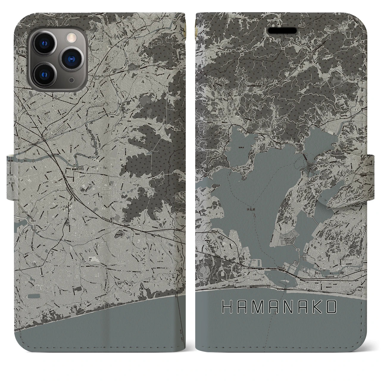 【浜名湖】地図柄iPhoneケース（手帳両面タイプ・モノトーン）iPhone 11 Pro Max 用