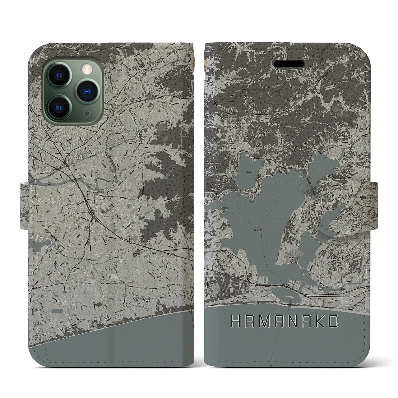 【浜名湖】地図柄iPhoneケース（手帳両面タイプ・モノトーン）iPhone 11 Pro 用
