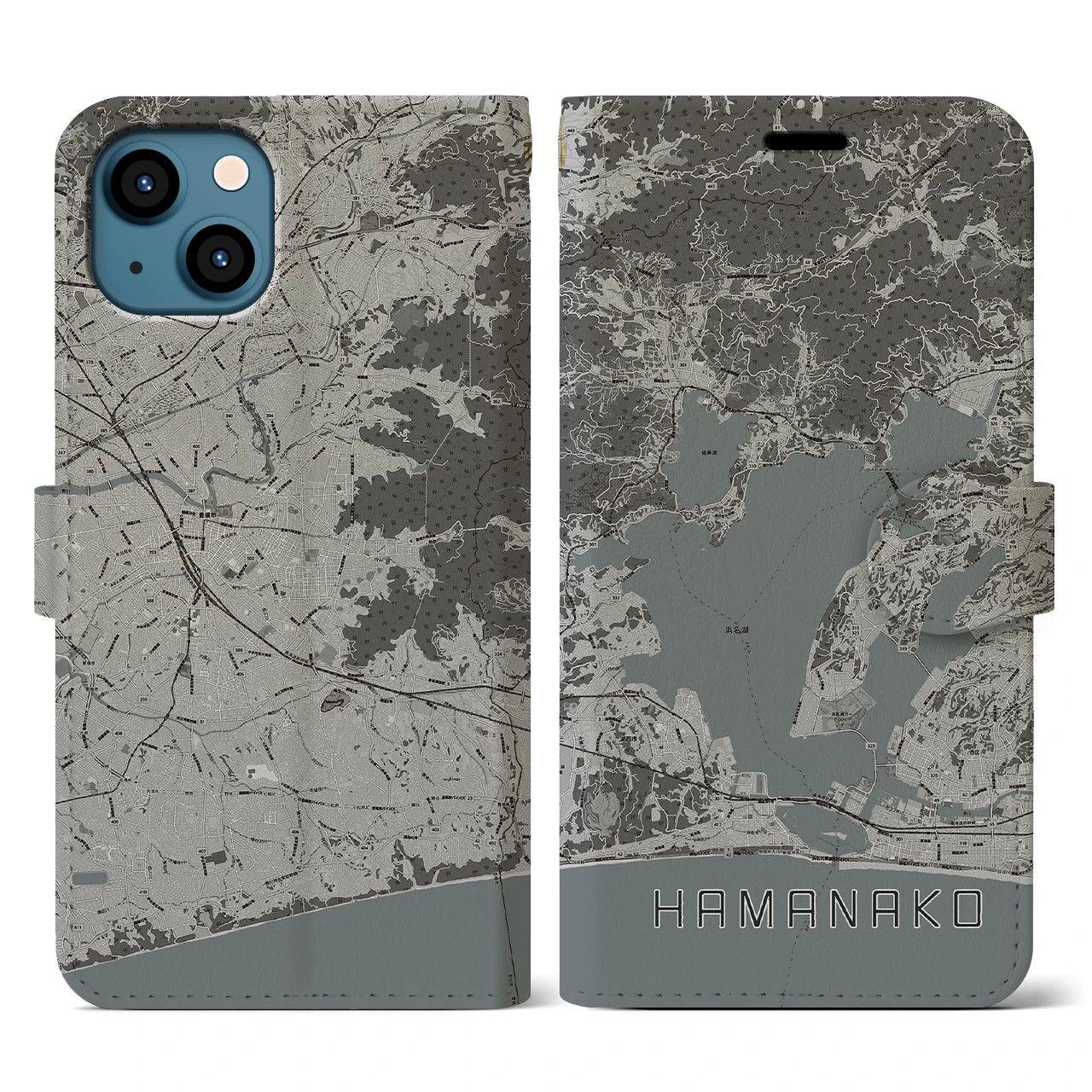 【浜名湖】地図柄iPhoneケース（手帳両面タイプ・モノトーン）iPhone 13 用