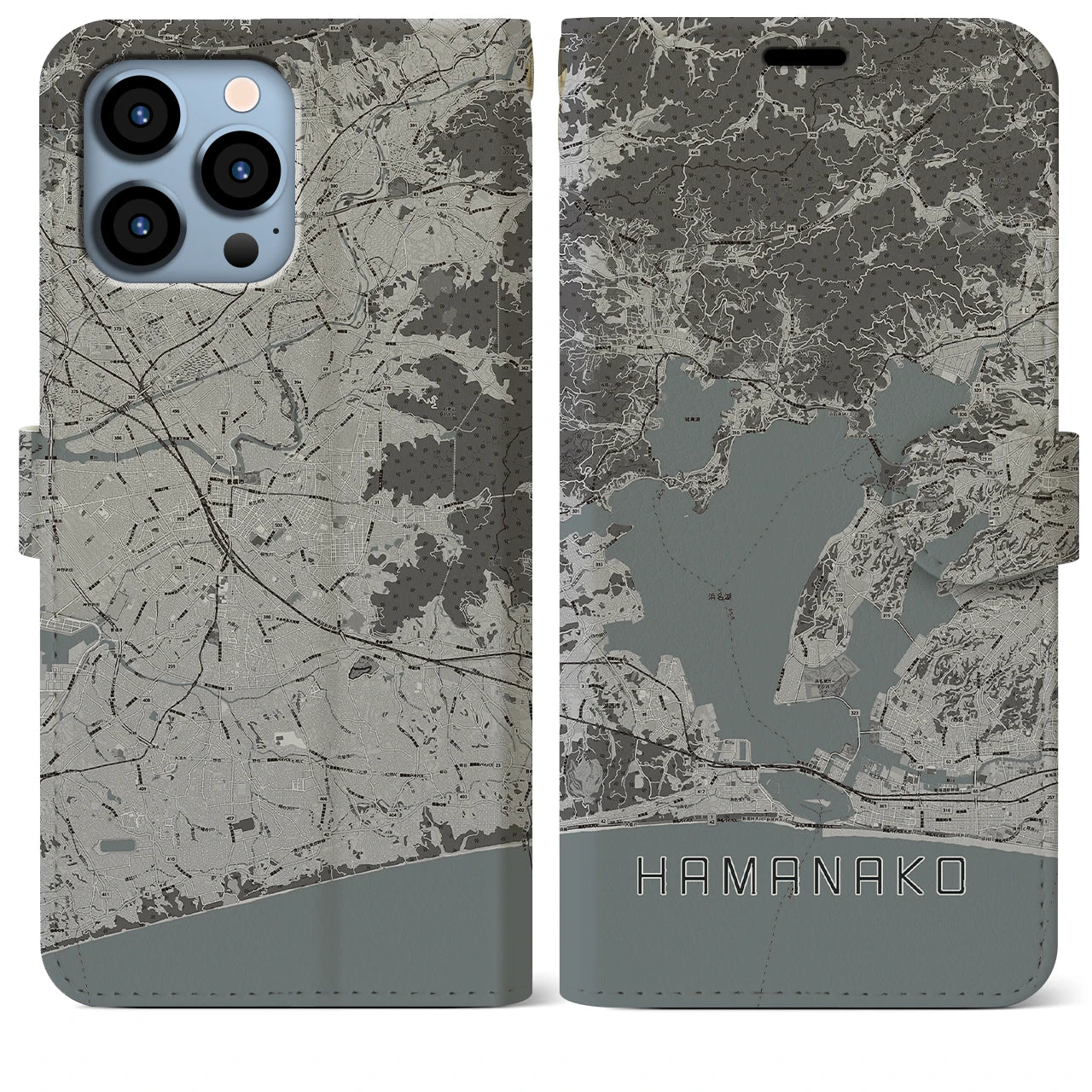 【浜名湖】地図柄iPhoneケース（手帳両面タイプ・モノトーン）iPhone 13 Pro Max 用