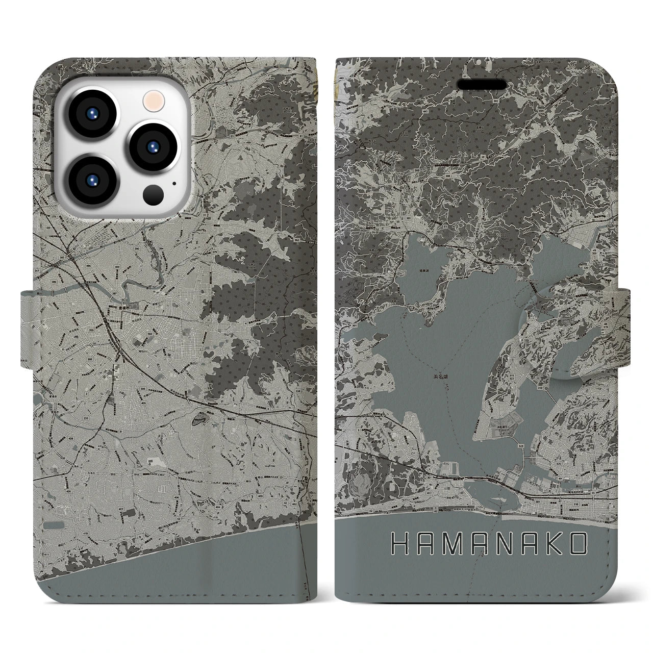 【浜名湖】地図柄iPhoneケース（手帳両面タイプ・モノトーン）iPhone 13 Pro 用