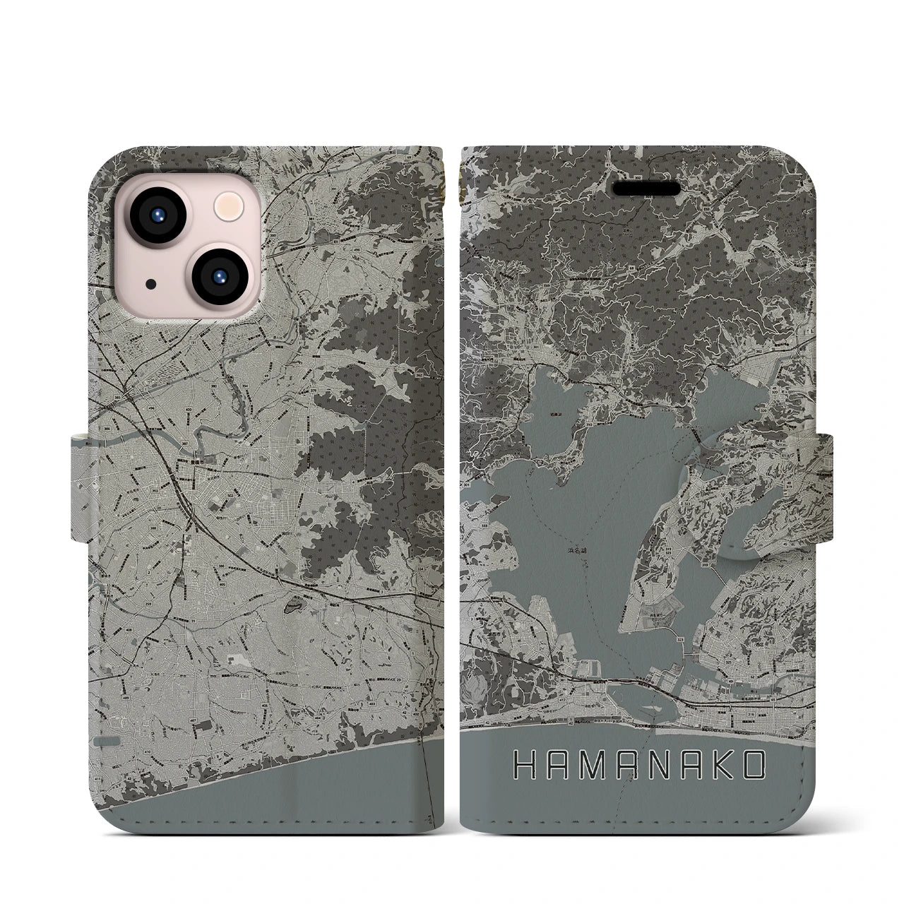【浜名湖】地図柄iPhoneケース（手帳両面タイプ・モノトーン）iPhone 13 mini 用