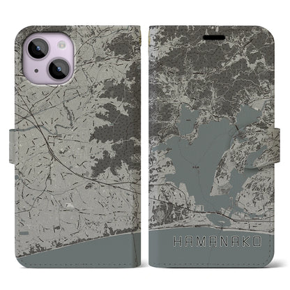 【浜名湖（静岡県）】地図柄iPhoneケース（手帳タイプ）モノトーン・iPhone 14 用