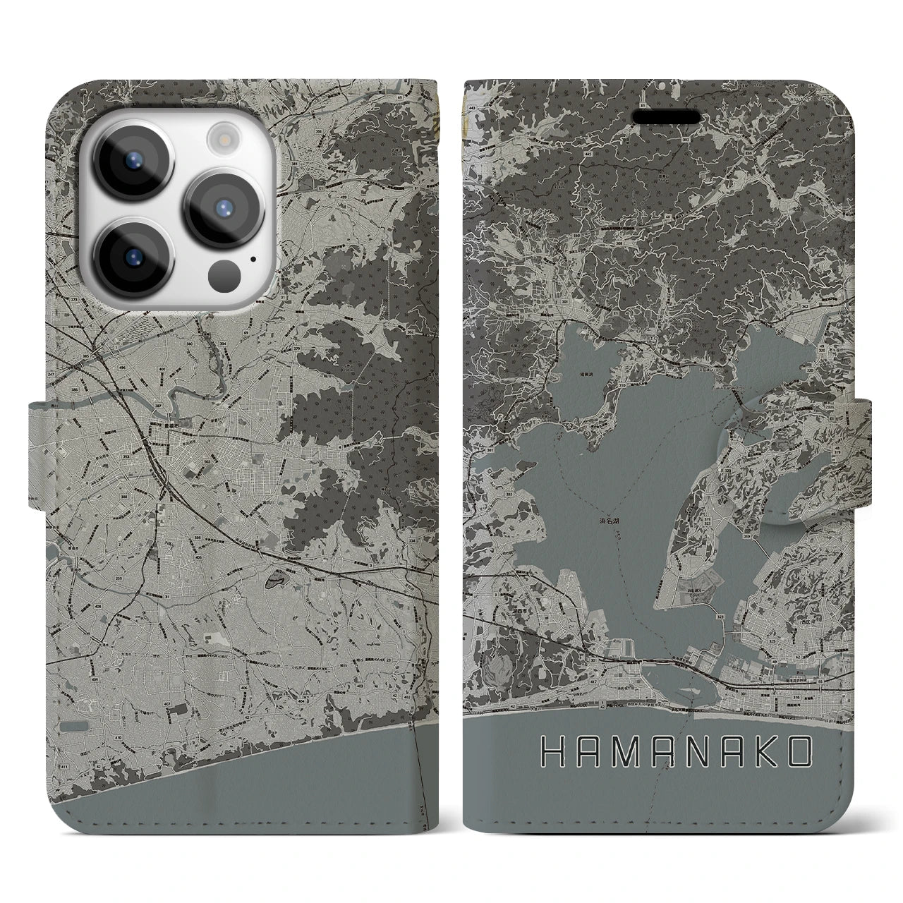 【浜名湖】地図柄iPhoneケース（手帳両面タイプ・モノトーン）iPhone 14 Pro 用
