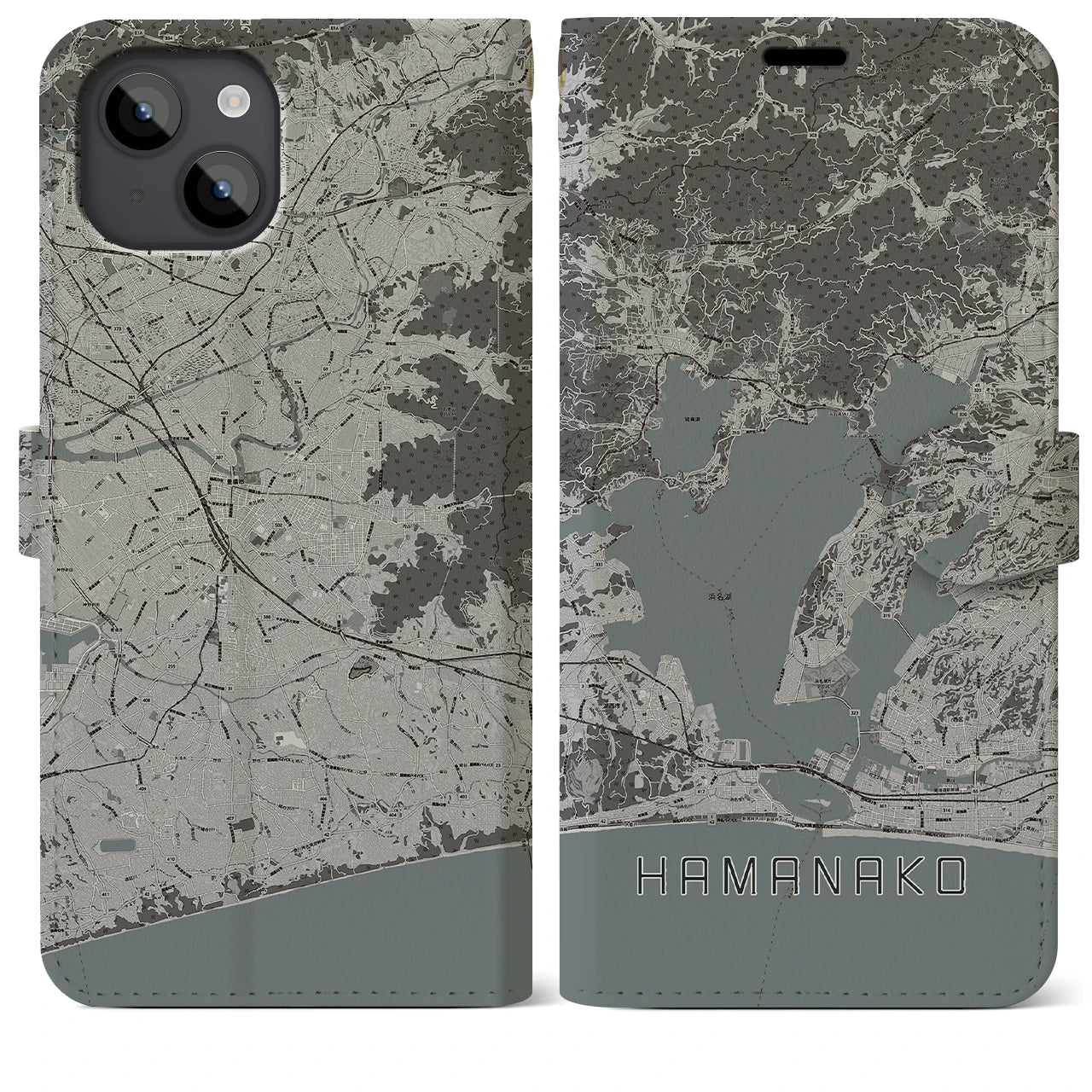 【浜名湖】地図柄iPhoneケース（手帳両面タイプ・モノトーン）iPhone 14 Plus 用