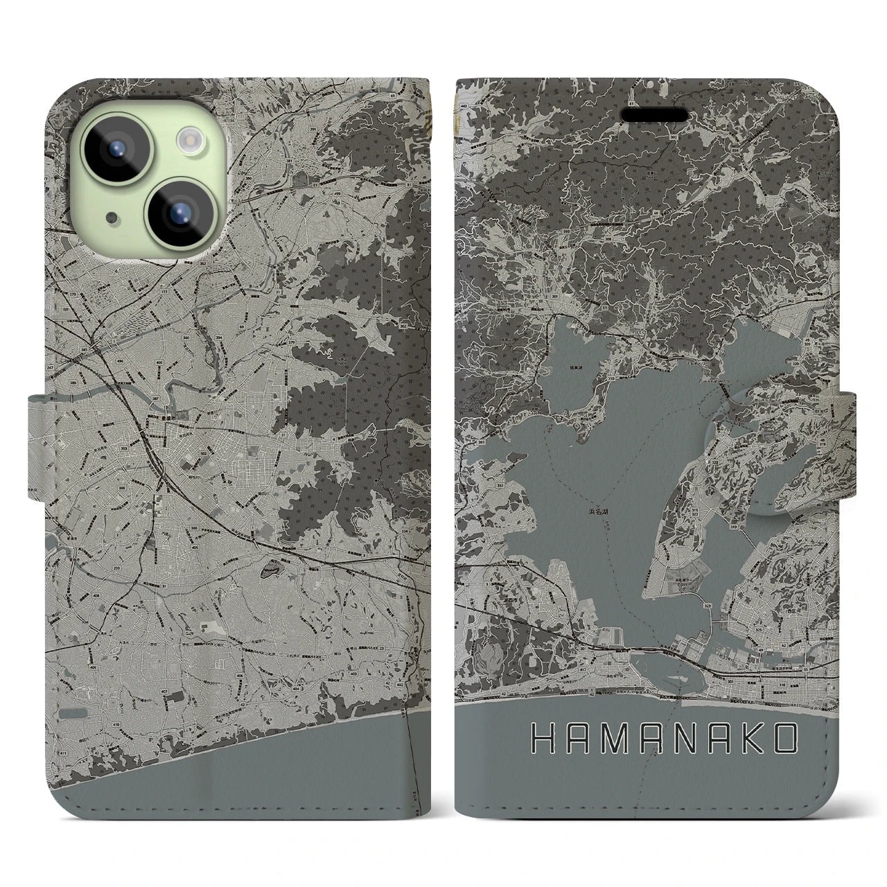 【浜名湖】地図柄iPhoneケース（手帳両面タイプ・モノトーン）iPhone 15 用
