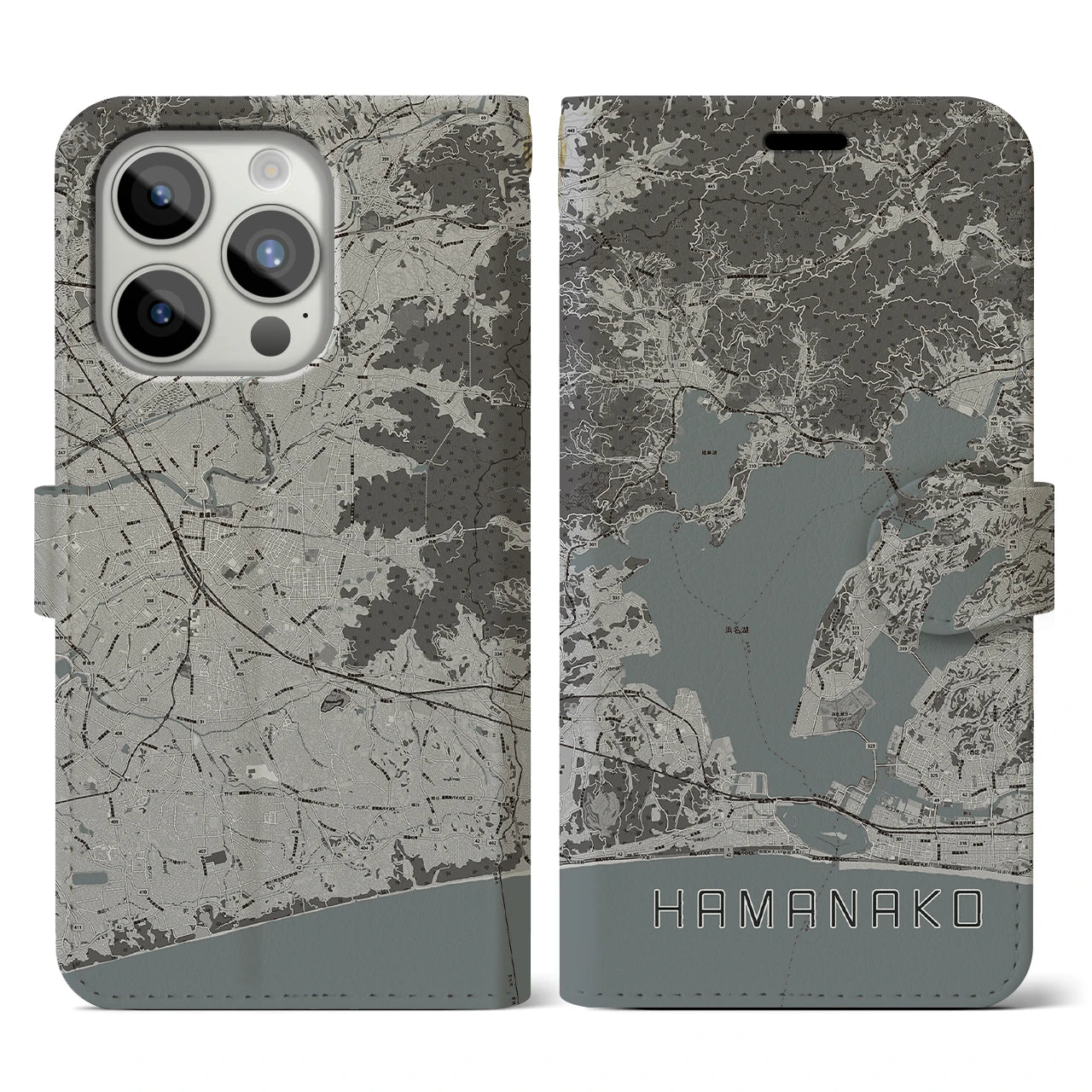 【浜名湖】地図柄iPhoneケース（手帳両面タイプ・モノトーン）iPhone 15 Pro 用