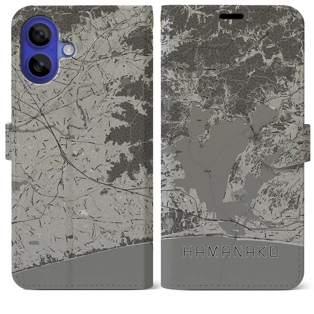 【浜名湖（静岡県）】地図柄iPhoneケース（手帳タイプ）モノトーン・iPhone 16 Pro Max 用