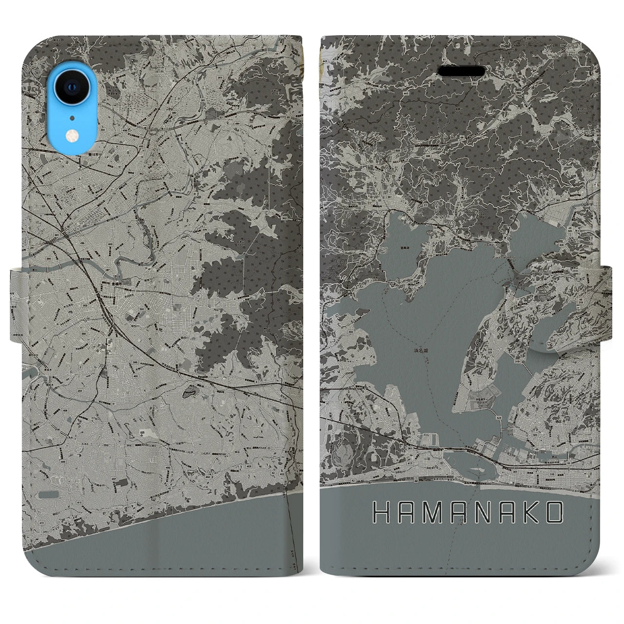 【浜名湖】地図柄iPhoneケース（手帳両面タイプ・モノトーン）iPhone XR 用