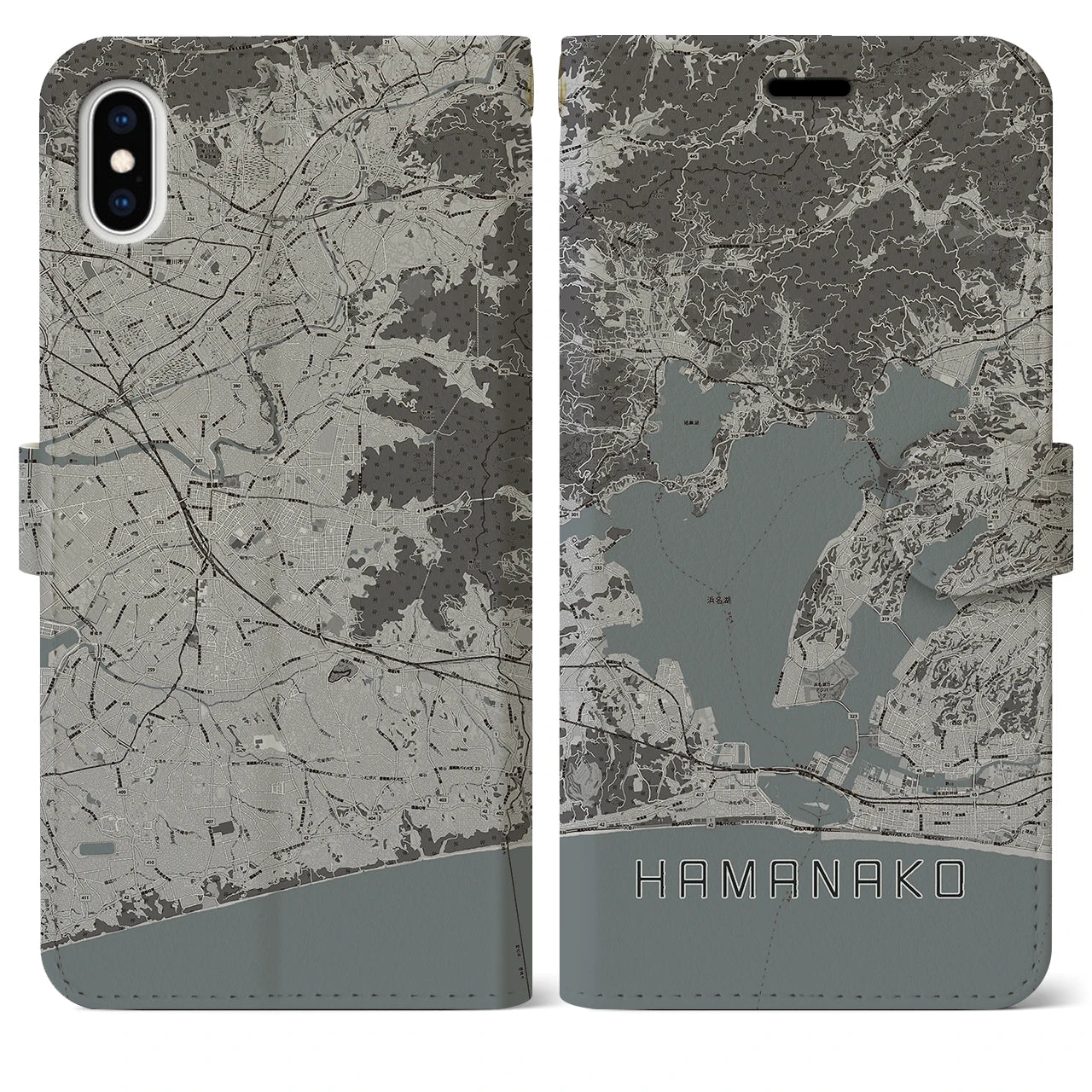 【浜名湖】地図柄iPhoneケース（手帳両面タイプ・モノトーン）iPhone XS Max 用