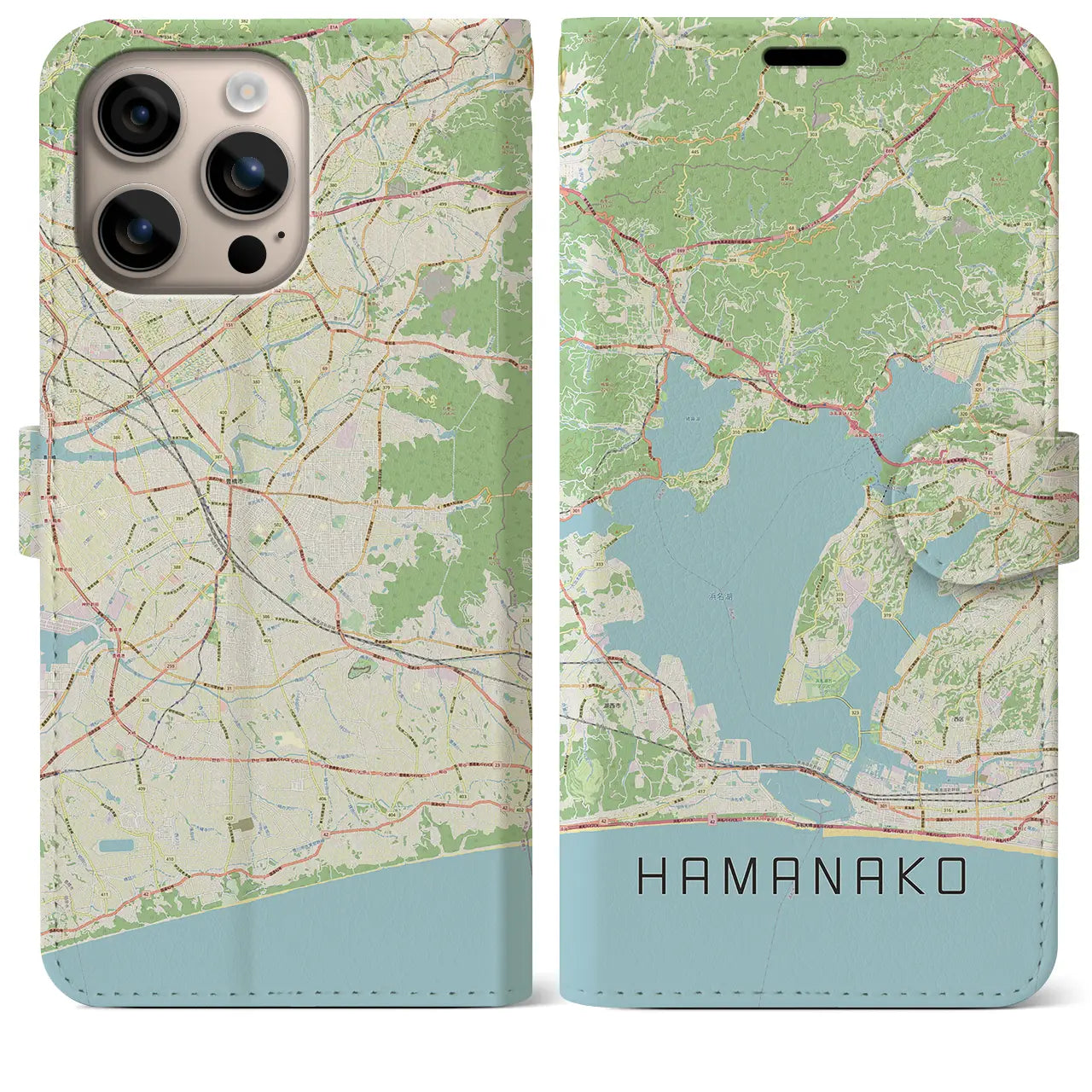 【浜名湖（静岡県）】地図柄iPhoneケース（手帳タイプ）ナチュラル・iPhone 16 Plus 用