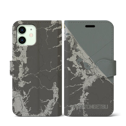 【浜頓別（北海道）】地図柄iPhoneケース（手帳タイプ）モノトーン・iPhone 12 mini 用