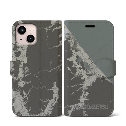 【浜頓別（北海道）】地図柄iPhoneケース（手帳タイプ）モノトーン・iPhone 13 mini 用