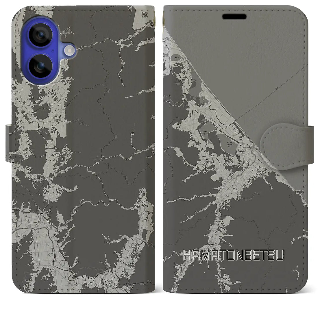 【浜頓別(北海道)】地図柄iPhoneケース(手帳タイプ)モノトーン・iPhone 16 Pro Max 用