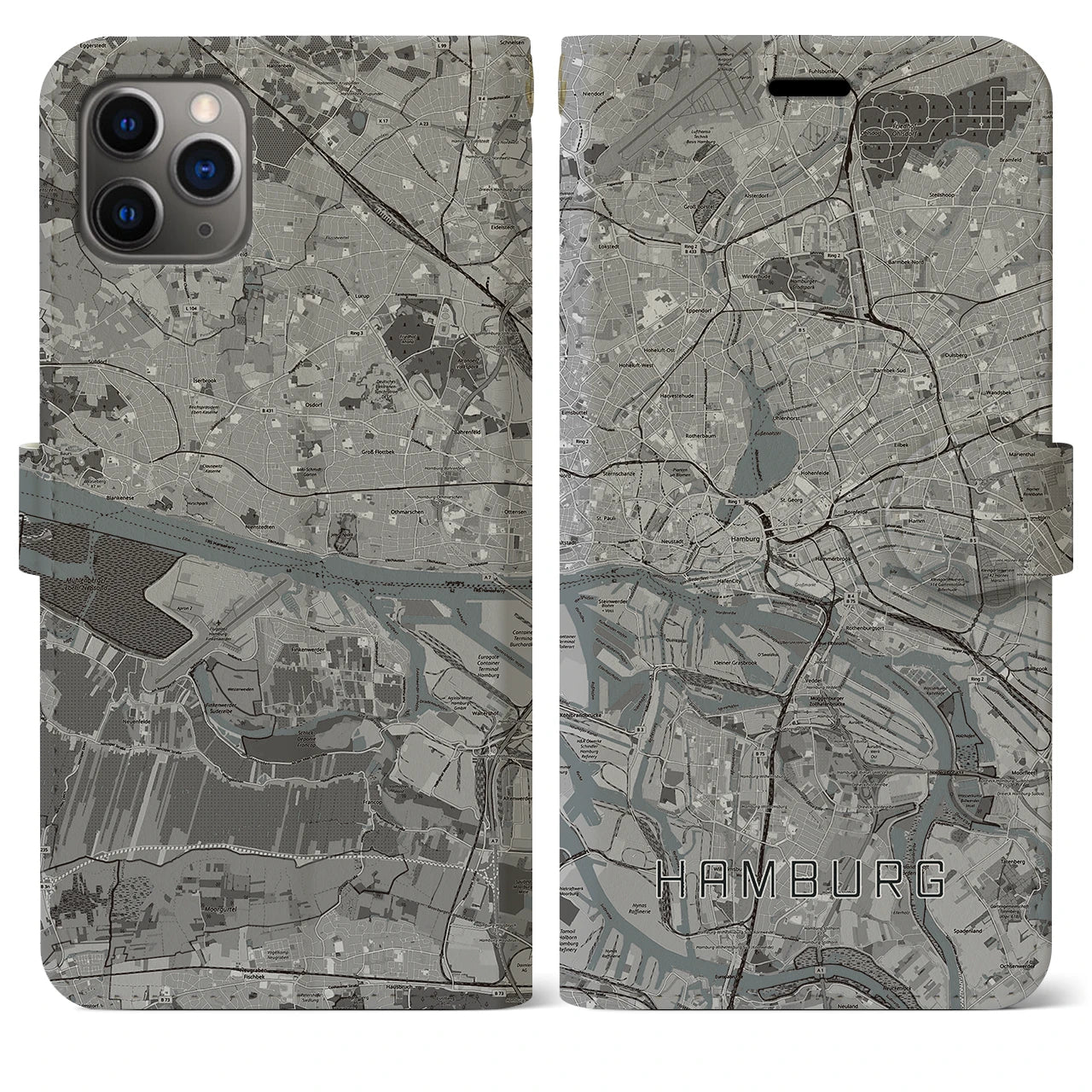 【ハンブルク】地図柄iPhoneケース（手帳両面タイプ・モノトーン）iPhone 11 Pro Max 用