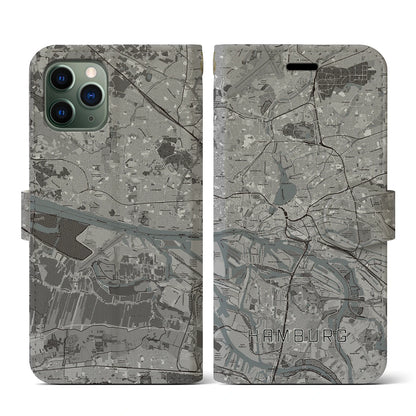 【ハンブルク（ドイツ）】地図柄iPhoneケース（手帳タイプ）モノトーン・iPhone 11 Pro 用