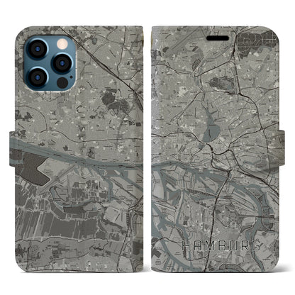 【ハンブルク（ドイツ）】地図柄iPhoneケース（手帳タイプ）モノトーン・iPhone 12 / 12 Pro 用