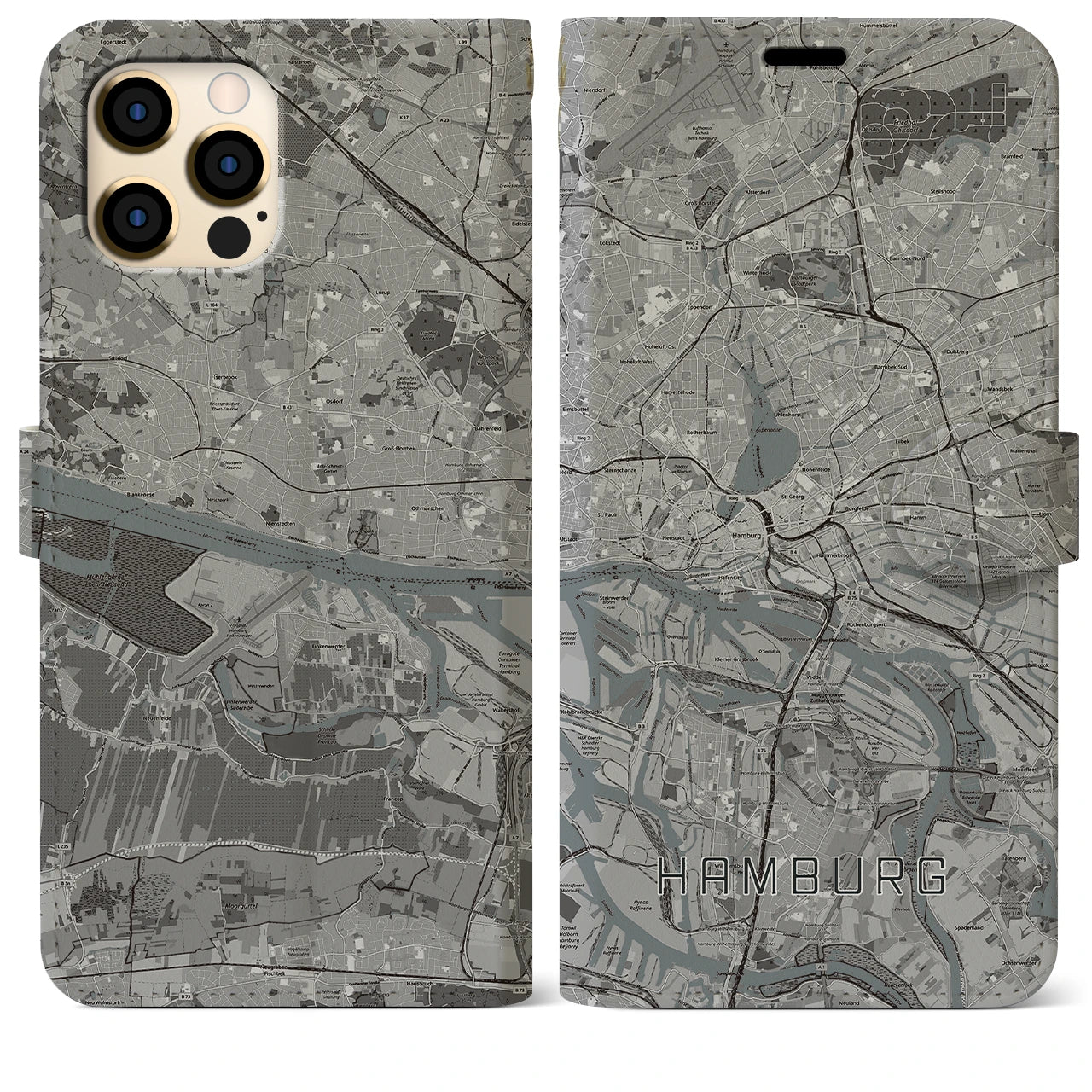 【ハンブルク】地図柄iPhoneケース（手帳両面タイプ・モノトーン）iPhone 12 Pro Max 用
