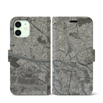 【ハンブルク（ドイツ）】地図柄iPhoneケース（手帳タイプ）モノトーン・iPhone 12 mini 用