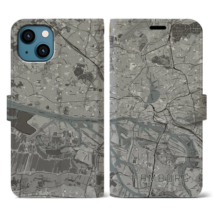 【ハンブルク（ドイツ）】地図柄iPhoneケース（手帳タイプ）モノトーン・iPhone 13 用