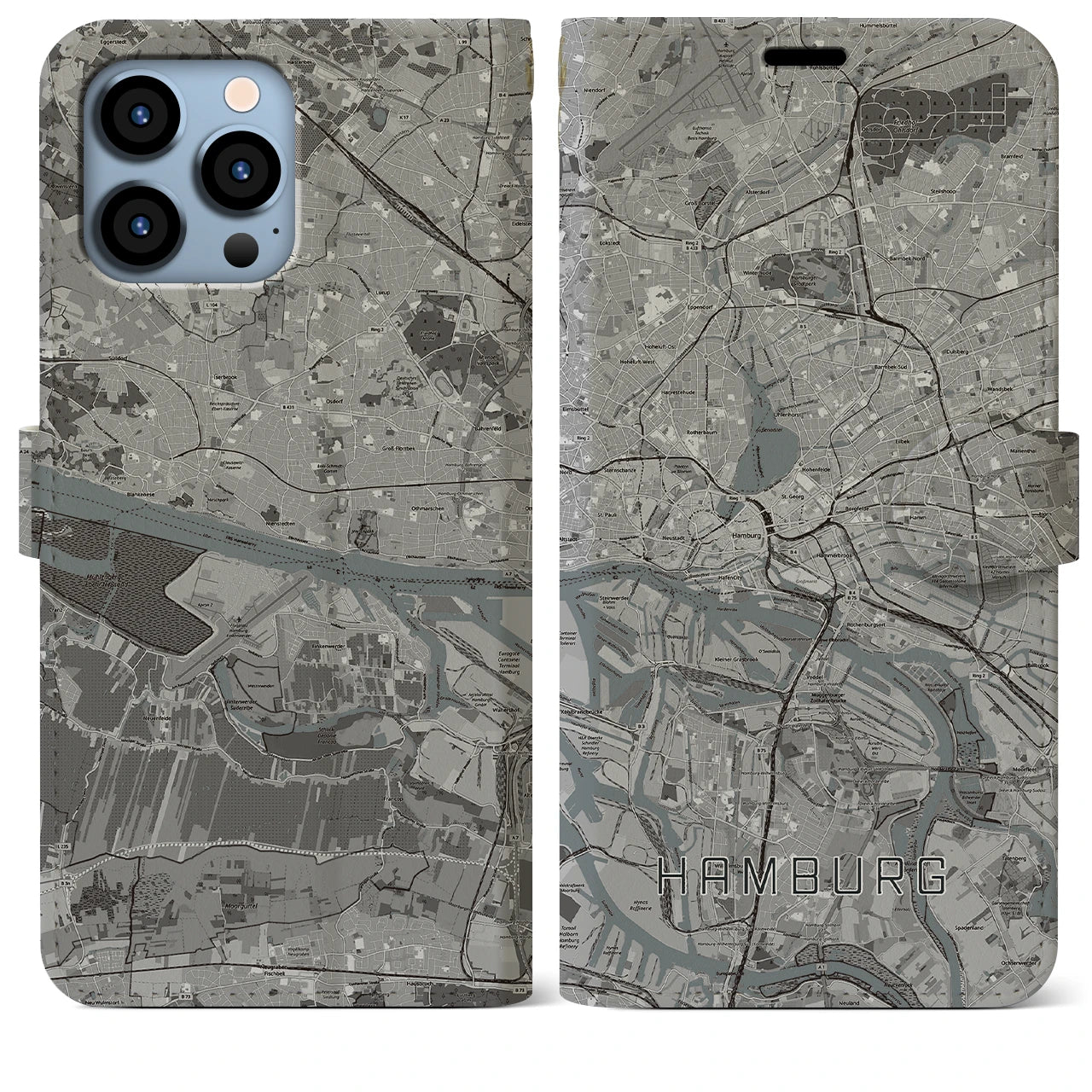 【ハンブルク】地図柄iPhoneケース（手帳両面タイプ・モノトーン）iPhone 13 Pro Max 用
