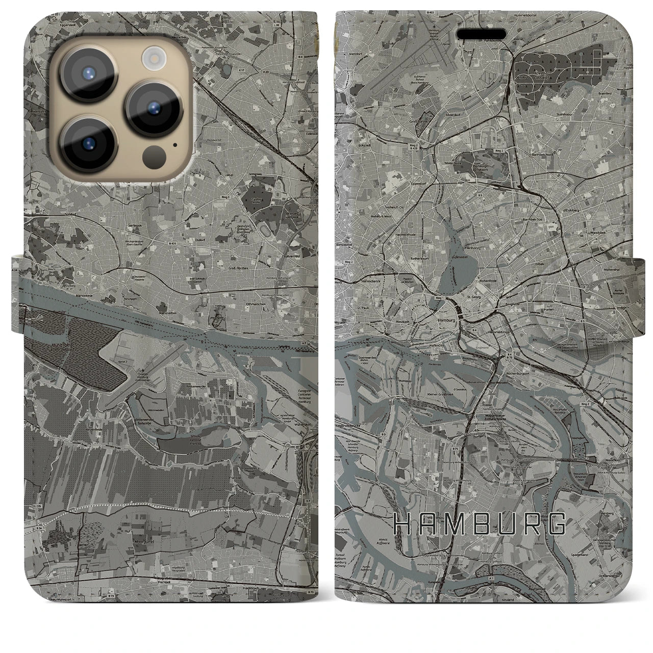 【ハンブルク】地図柄iPhoneケース（手帳両面タイプ・モノトーン）iPhone 14 Pro Max 用