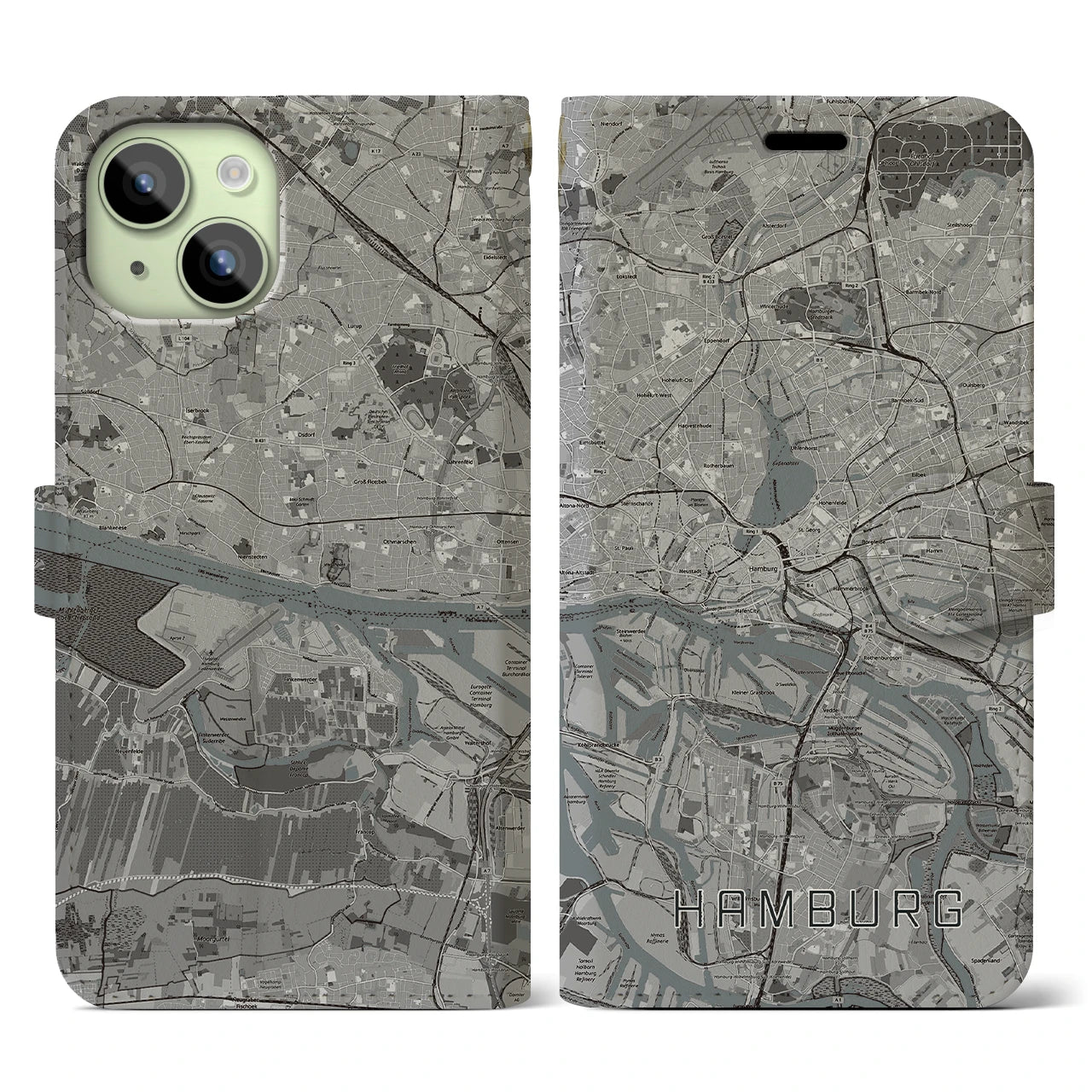 【ハンブルク】地図柄iPhoneケース（手帳両面タイプ・モノトーン）iPhone 15 用