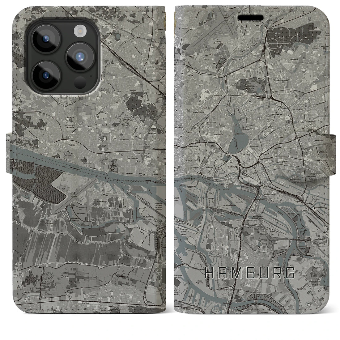 【ハンブルク】地図柄iPhoneケース（手帳両面タイプ・モノトーン）iPhone 15 Pro Max 用