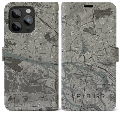 【ハンブルク（ドイツ）】地図柄iPhoneケース（手帳タイプ）モノトーン・iPhone 15 Pro Max 用
