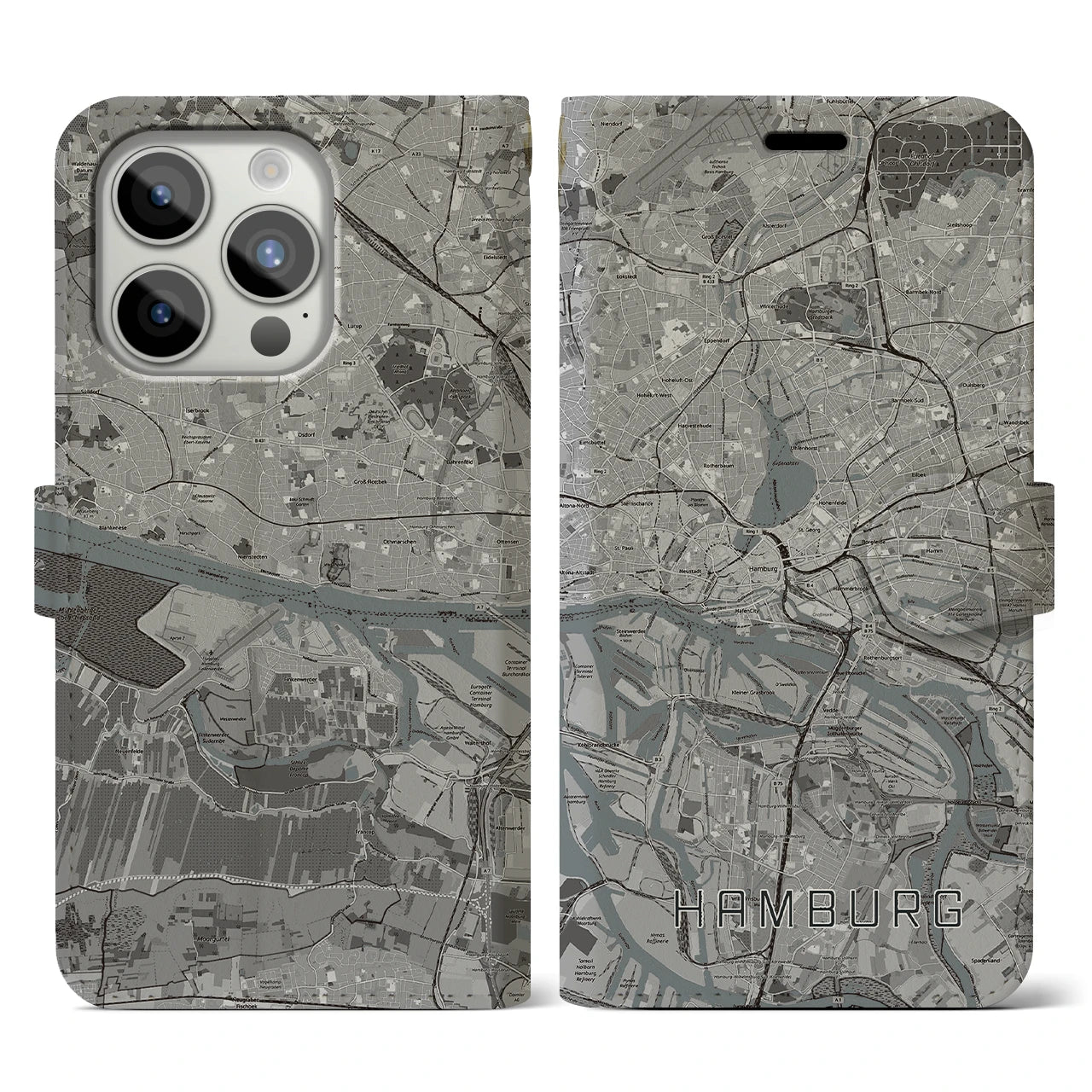 【ハンブルク】地図柄iPhoneケース（手帳両面タイプ・モノトーン）iPhone 15 Pro 用
