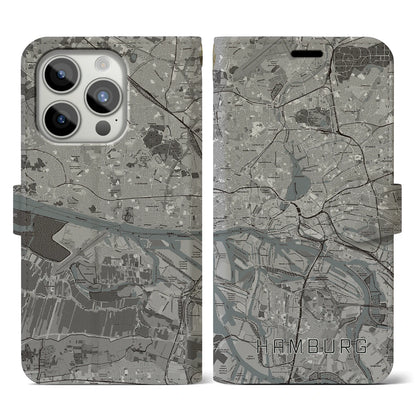 【ハンブルク（ドイツ）】地図柄iPhoneケース（手帳タイプ）モノトーン・iPhone 15 Pro 用
