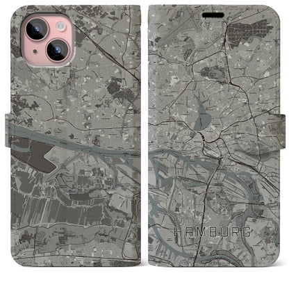 【ハンブルク（ドイツ）】地図柄iPhoneケース（手帳タイプ）モノトーン・iPhone 15 Plus 用