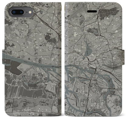 【ハンブルク（ドイツ）】地図柄iPhoneケース（手帳タイプ）モノトーン・iPhone 8Plus /7Plus / 6sPlus / 6Plus 用