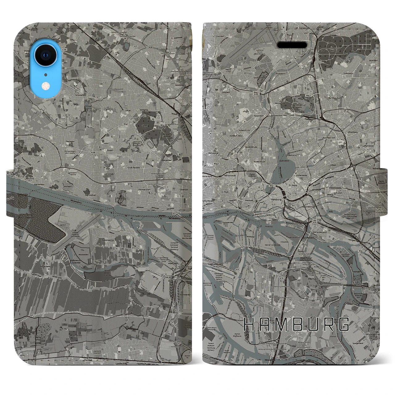 【ハンブルク】地図柄iPhoneケース（手帳両面タイプ・モノトーン）iPhone XR 用