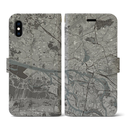 【ハンブルク（ドイツ）】地図柄iPhoneケース（手帳タイプ）モノトーン・iPhone XS / X 用