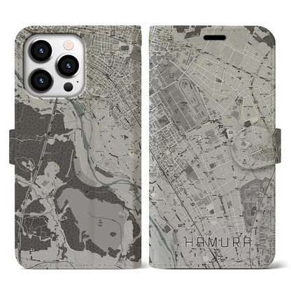 【羽村（東京都）】地図柄iPhoneケース（手帳タイプ）モノトーン・iPhone 13 Pro 用