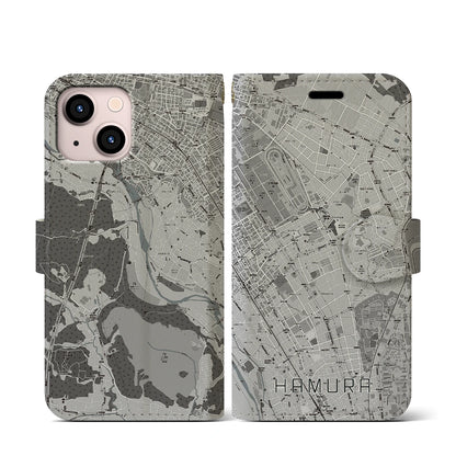 【羽村（東京都）】地図柄iPhoneケース（手帳タイプ）モノトーン・iPhone 13 mini 用