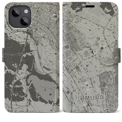 【羽村（東京都）】地図柄iPhoneケース（手帳タイプ）モノトーン・iPhone 14 Plus 用