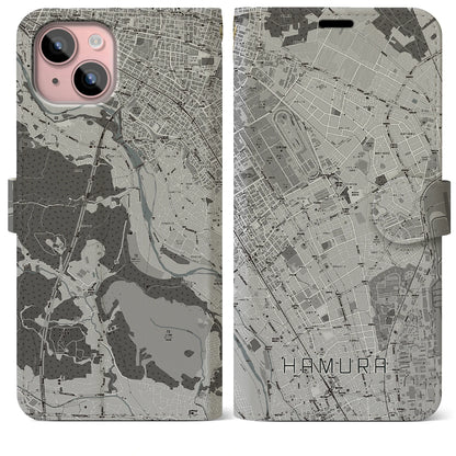 【羽村（東京都）】地図柄iPhoneケース（手帳タイプ）モノトーン・iPhone 15 Plus 用