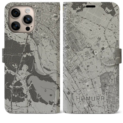 【羽村（東京都）】地図柄iPhoneケース（手帳タイプ）モノトーン・iPhone 16 Plus 用