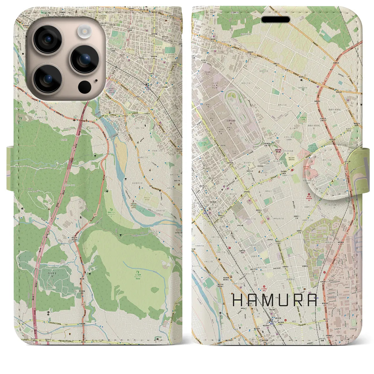 【羽村（東京都）】地図柄iPhoneケース（手帳タイプ）ナチュラル・iPhone 16 Plus 用