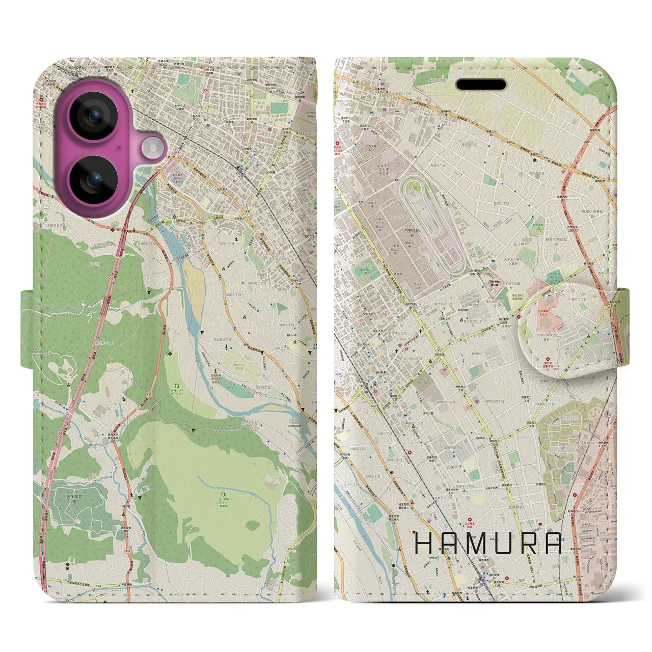 【羽村（東京都）】地図柄iPhoneケース（手帳タイプ）ナチュラル・iPhone 16 Pro 用