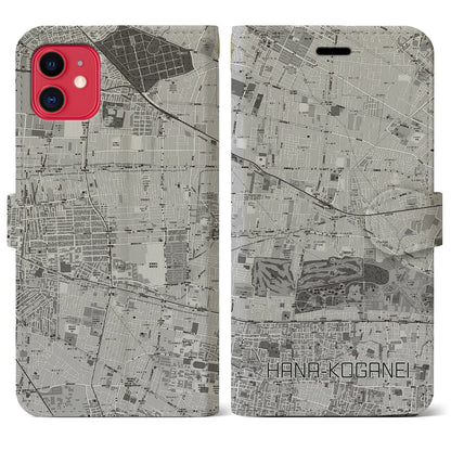 【花小金井（東京都）】地図柄iPhoneケース（手帳タイプ）モノトーン・iPhone 11 用