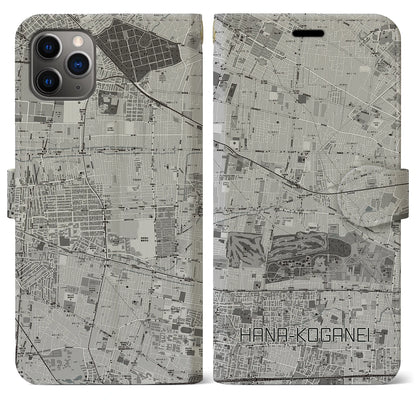 【花小金井（東京都）】地図柄iPhoneケース（手帳タイプ）モノトーン・iPhone 11 Pro Max 用