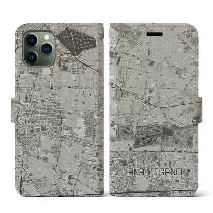 【花小金井（東京都）】地図柄iPhoneケース（手帳タイプ）モノトーン・iPhone 11 Pro 用